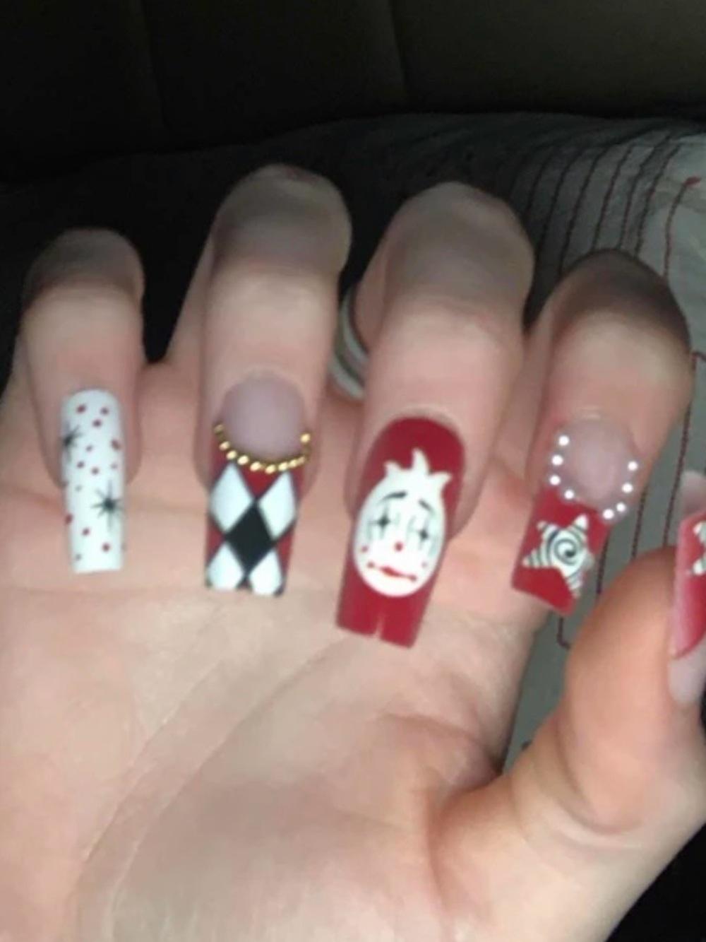 Red and White Clown Nail Set with 3D Accent Art